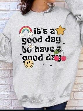 Gray Graphic Crewneck Sweatshirt with Rainbow & Cherry Accents